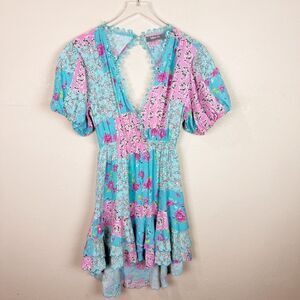 Blue B Floral Open Back Puffy Sleeve Cowgirl Western Dress Pink Size Large